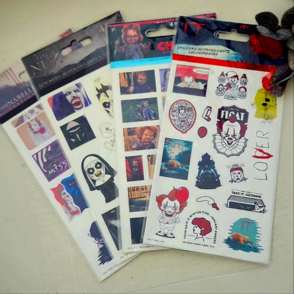 Lot of 4 Horror-Themed Sticker Sets IT-Chuckie-The NUN & ANNABELLE